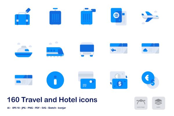 旅游&酒店主题双色调扁平化矢量图标素材 Travel and Hotel Accent Duo Tone Flat Icons