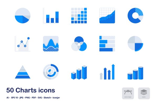 统计图表主题双色调扁平化矢量图标素材 Charts and Statistics Accent Duo Tone Flat Icons