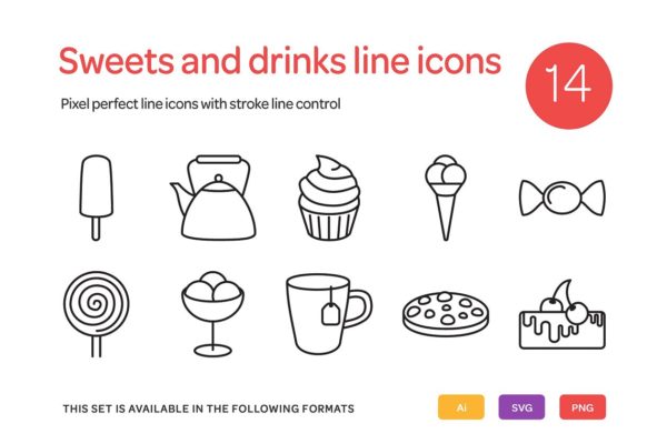 14个糖果和饮料系列线型图标集合精选  Sweets and Drinks Line Icons Set