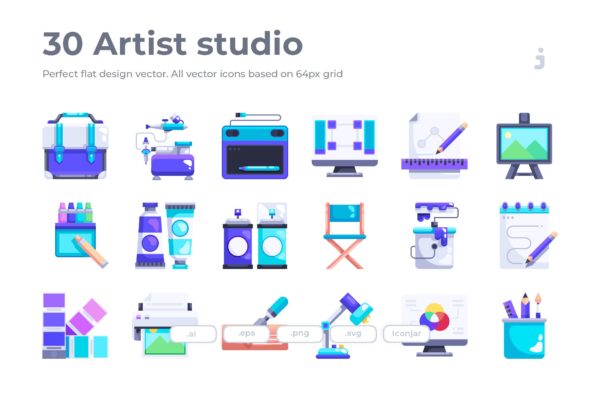 30枚艺术工作室扁平化设计图标 30 Artist studio Icons – Flat