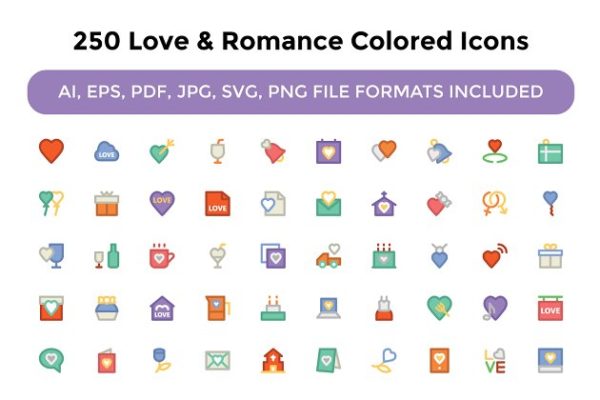 250个爱情和浪漫元素的彩色图标集合精选合  250 Love and Romance Colored Icons