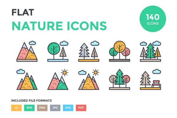 125多个大自然资源图标集合精选  125+ Flat Nature Icons Set