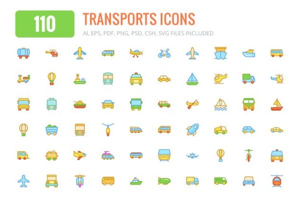 110个交通运输彩色图标和线条图标  110 Transports Colored & Line Icons