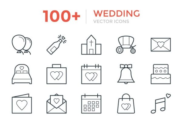 100多个婚礼/婚庆线型矢量图标素材  100+ Wedding Vector Icons