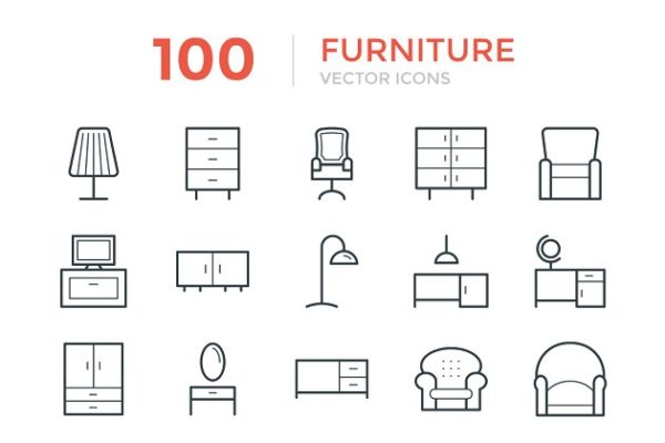 100个家居家具矢量线条图标  100 Furniture Vector Icons