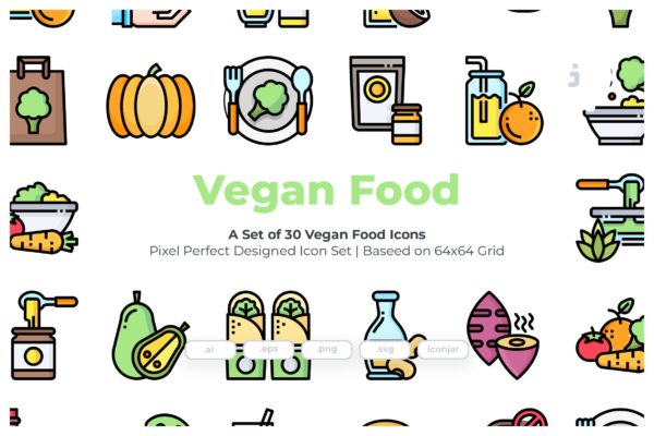 30枚素食主义主题矢量图标素材 30 Vegan Food Icons
