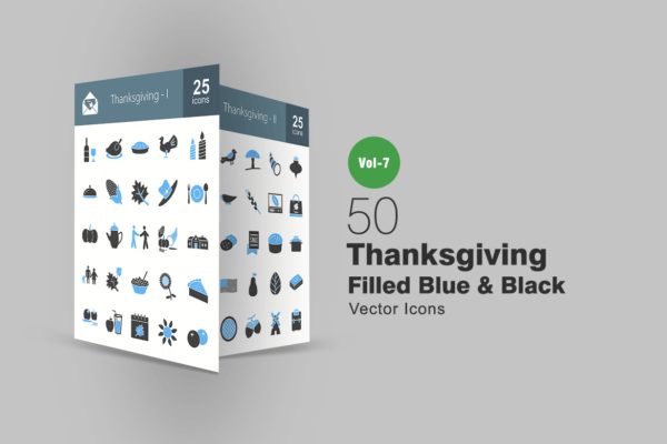 50枚感恩节主题蓝黑色矢量图标设计素材 50 Thanksgiving Blue & Black Icons