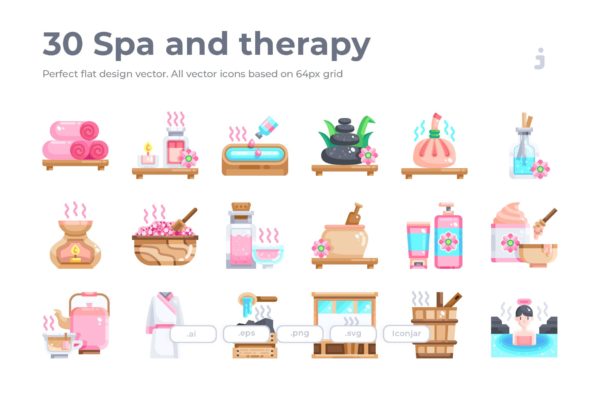 30枚SPA养生理疗主题扁平设计风矢量图标素材 30 Spa and therapy Icons – Flat