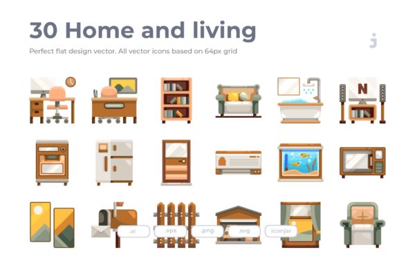 30枚家居生活扁平化设计风格矢量图标素材 30 Home and living Icons – Flat