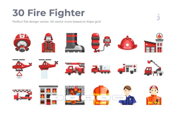 30枚消防员/消防主题扁平设计风格矢量图标素材 30 Fire Fighter Icons – Flat