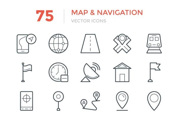 75个地图和导航矢量图标素材 75 Maps and Navigation Vector Icons
