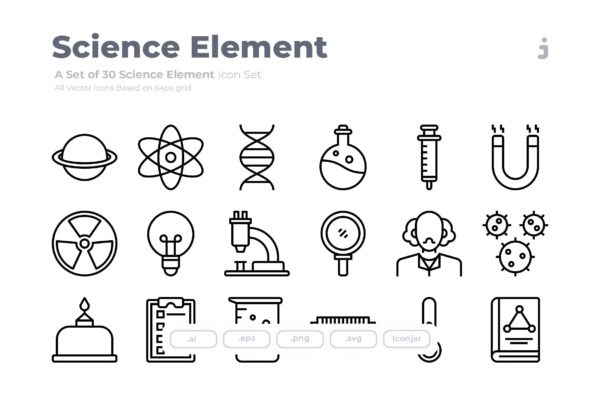 30枚科学元素Outline风格矢量图标素材 30 Science Element Icons – Outliner