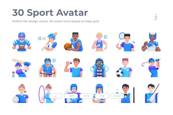 30枚运动员人物扁平化设计矢量图标素材 30 Sport Avatar Icons – Flat