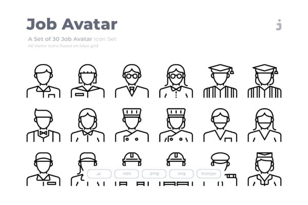 30枚工作岗位人物形象Outline风格矢量图标素材 30 Job Avatar Icons – Outliner