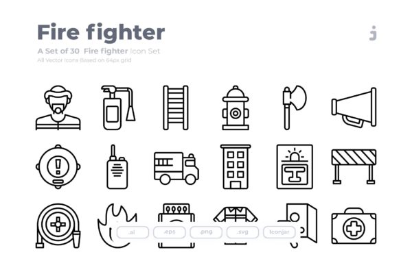 30枚消防员/消防主题Outline风格矢量图标素材 30 Fire fighter Icons – Outliner