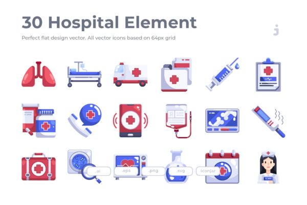 30枚扁平化设计风格医院医疗矢量图标素材 30 Hospital Element Icons – Flat