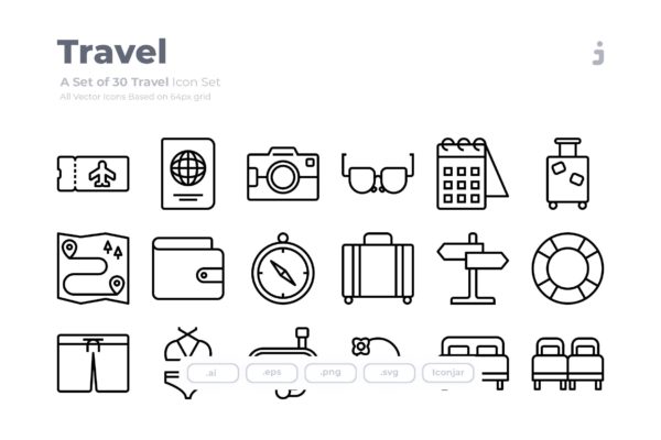 30枚旅行旅游主题Outline风格矢量图标素材 30 Travel Icons – Outliner