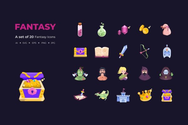 20个梦幻卡通世界主题矢量图标素材 20 Fantasy Icons