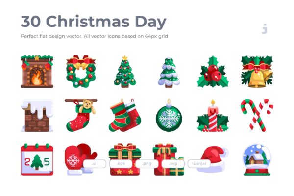 30枚扁平设计风格圣诞节主题矢量图标素材 30 Christmas Day Icons – Flat