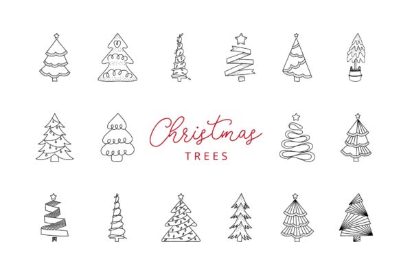 16枚圣诞树线性图标素材 16 Christmas Tree Doodle Line Icons