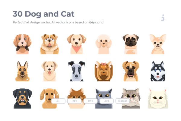 30枚狗&猫扁平设计风格矢量图标素材 30 Dog and Cat Icons – Flat