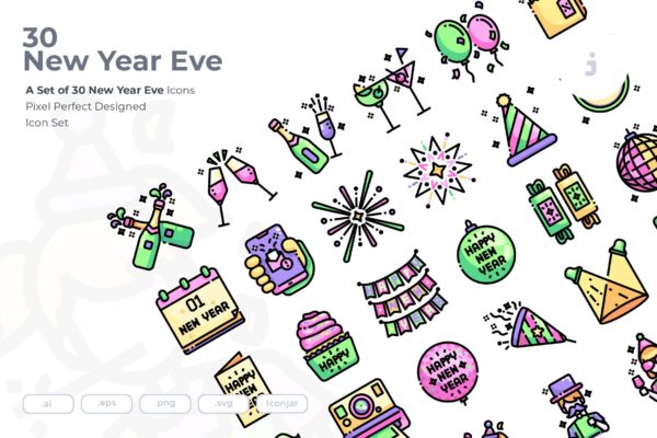 30枚新年倒数主题彩色矢量图标设计素材 30 New Years Eve Icons