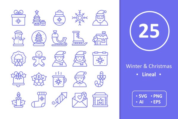 冬天/圣诞节主题矢量线性图标素材 Winter and Christmas Icons – Line