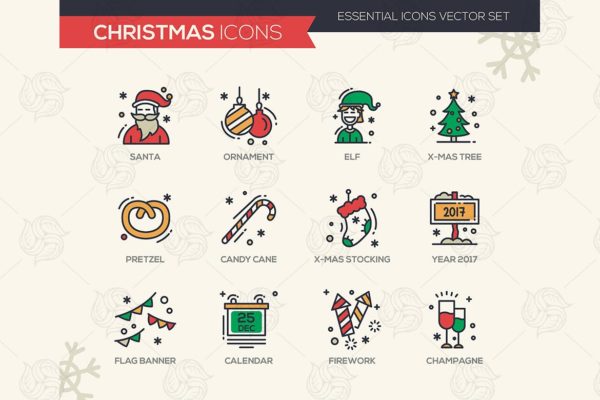 圣诞节&新年主题线性图标素材 Christmas and New Year – Line Design Icons Set