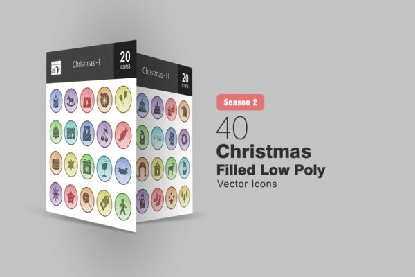 40枚圣诞节多边形填充色矢量图标素材 40 Christmas Filled Low Poly Icons