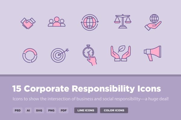 15枚企业社会责任主题矢量图标素材 15 Corporate Social Responsibility Icons