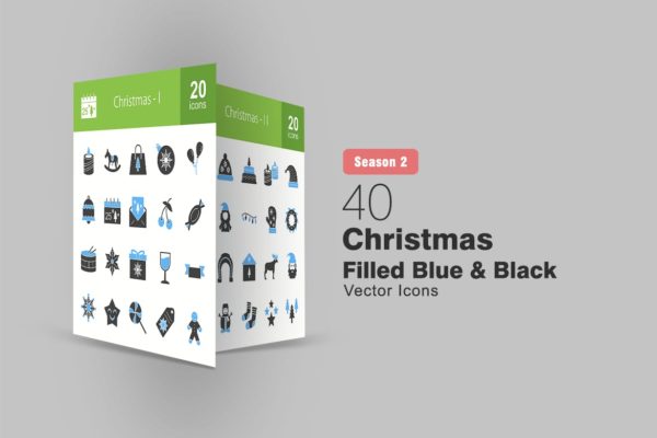 40枚圣诞节主题蓝黑色填充图标 40 Christmas Filled Blue & Black Icons