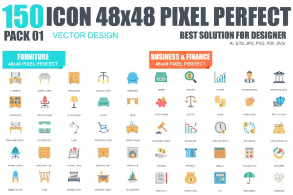 150枚多行业主题扁平设计风格矢量图标素材 Flat Icons Set