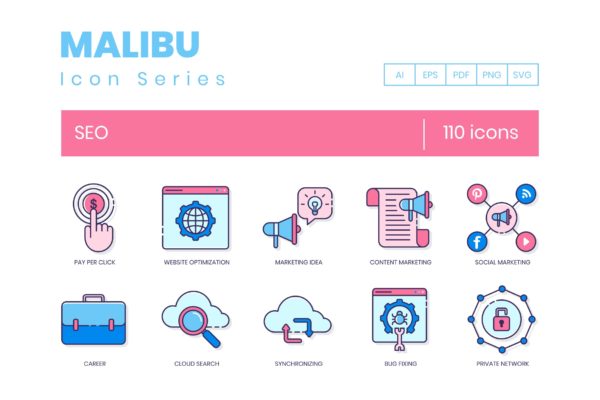 Malibu系列-110枚搜索引擎优化SEO主题系列图标精选素材 110 SEO Icons – Malibu Series