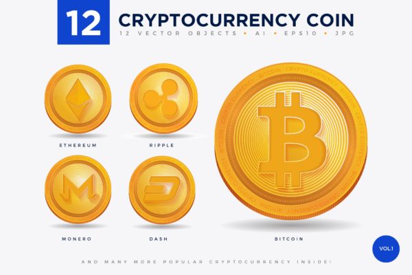 12枚加密货币主题硬币形状矢量系列图标合集精选v1 12 Crypto Currency Coin Vector Illustration Set 1