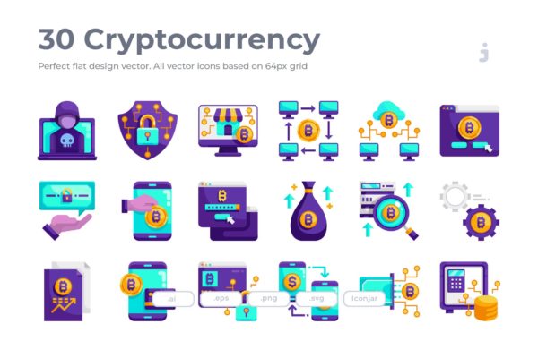 30枚加密货币主题扁平化矢量图标素材 30 Cryptocurrency Icons – Flat
