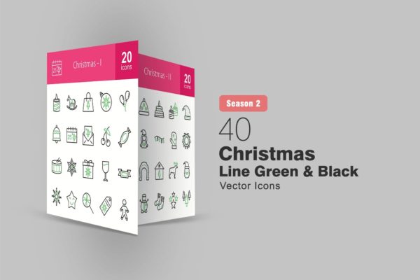 40枚圣诞节主题绿黑色矢量线性图标素材 40 Christmas Line Green & Black Icons