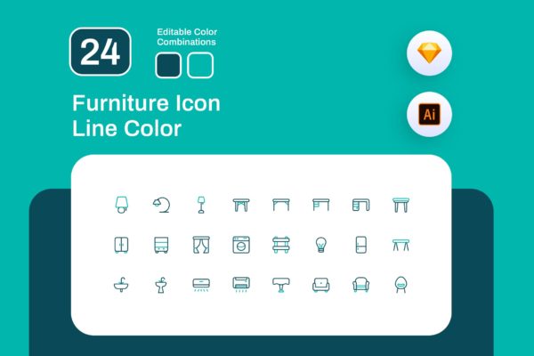 24枚建筑主题彩色线性矢量图标素材 Furniture Icon Line Color