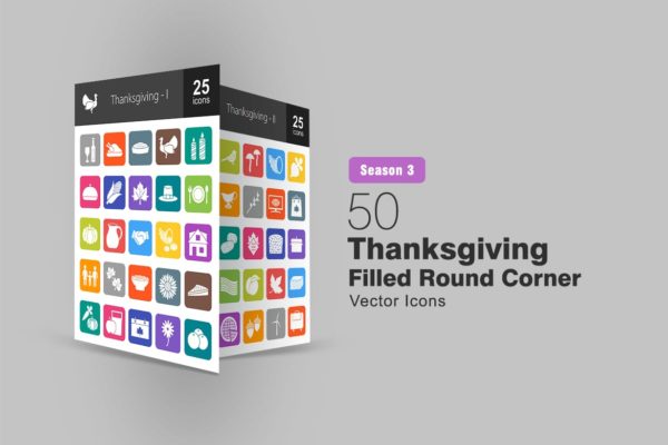 50枚感恩节主题圆角矢量填充图标 50 Thanksgiving Filled Round Corner Icons