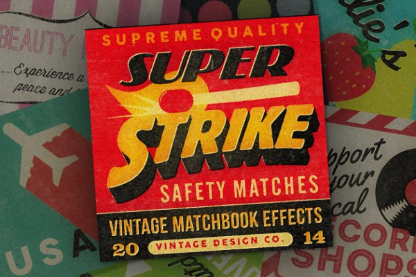 复古怀旧风格火柴盒外观设计图层样式设计素材模板 Super Strike – Matchbook Effects