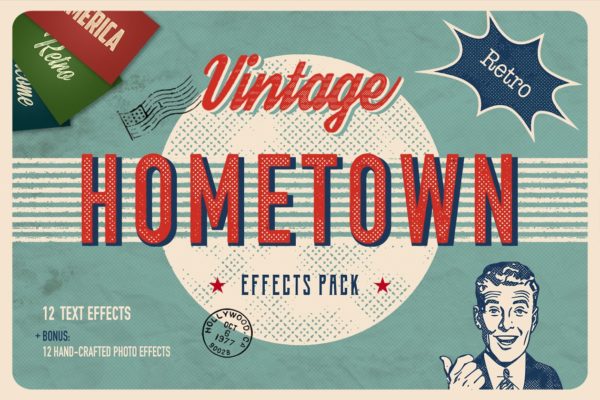 复古怀旧乡村风格图层样式设计素材模板 Vintage Hometown Effects Pack +BONUS