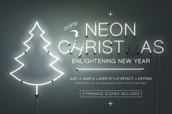 圣诞主题风格霓虹灯图层样式设计素材模板 Neon Christmas Layer Style