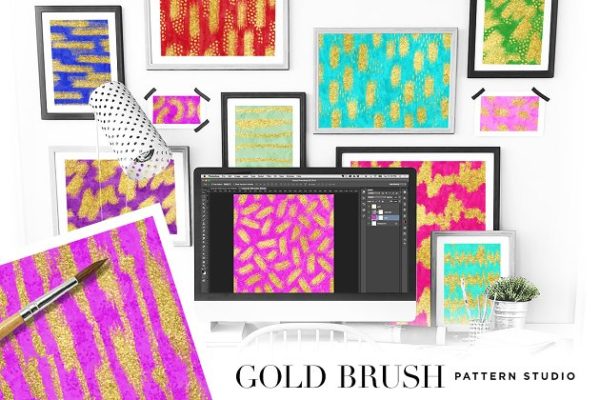 闪闪发光的金粉图层样式设计素材模板 Gold Brush Pattern Studio Photoshop