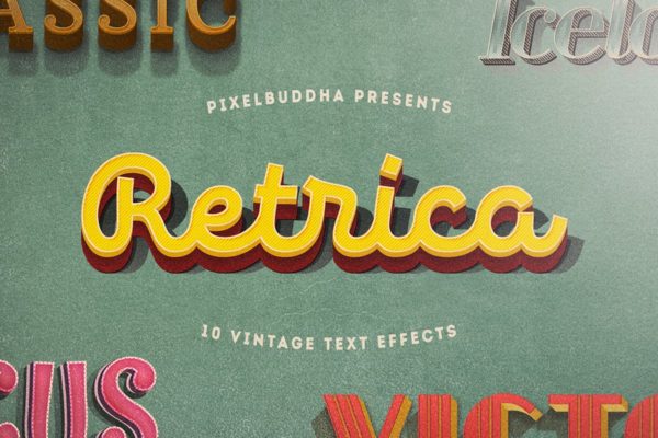 复刻电影加州梦风格文本图层样式设计素材模板 Retrica: Vintage Text Effects Pack