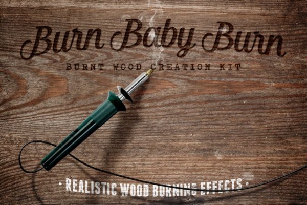 电刻笔灼烧文本图层样式设计素材模板 Burn Baby Burn Woodburning FX Kit