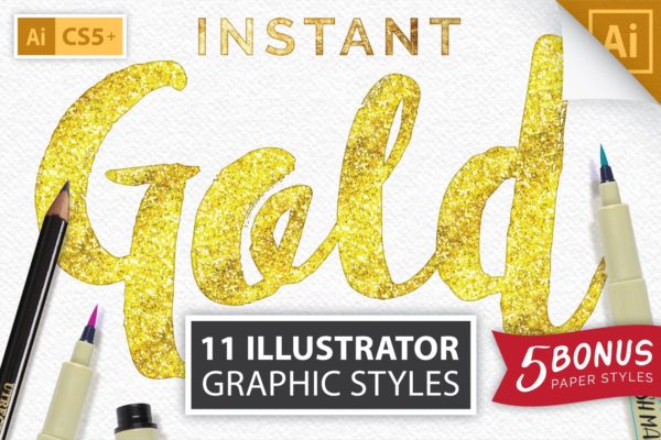 华丽金色粒子AI图层样式设计素材模板 Instant Gold Foil Effect + More