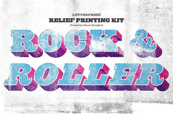 怀旧凸版墨水印刷风格纹理PS图层样式设计素材模板 Rock and Roller Letterpress Kit