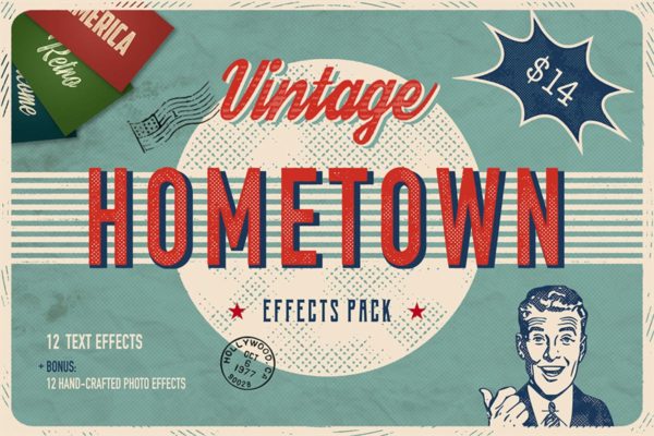 美式复古文本效果PS图层样式设计素材模板 Hometown Effects Pack