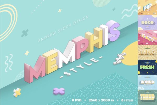 3D孟菲斯风格海报标题字体PS图层样式设计素材模板 Memphis Style – Text Effects