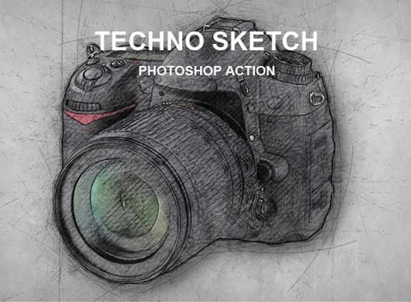 一款逼真的手绘素描PS动作工具模板下载 Techno Sketch Photoshop Action