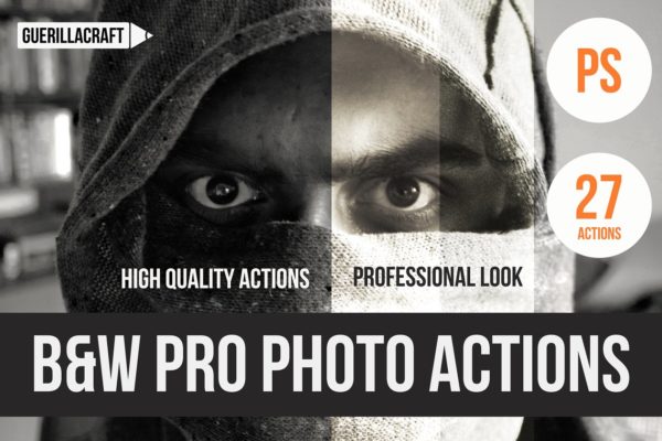 高端黑白人像照片效果PS动作工具模板 Black and white pro photo PS actions